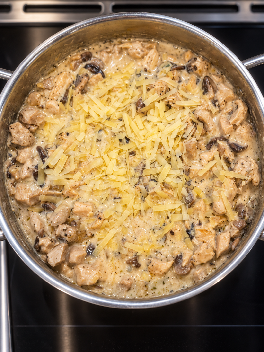 Creamy mushroom chicken topped with grated cheese in a stainless-steel skillet.