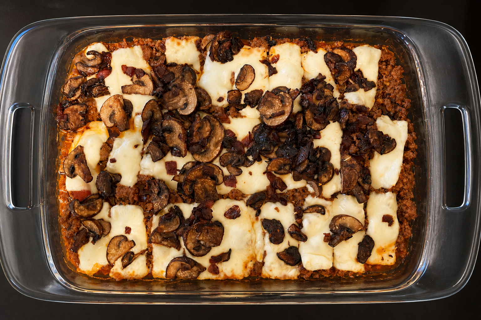 Pizza casserole topped with melted cheese and mushrooms in a glass baking dish.