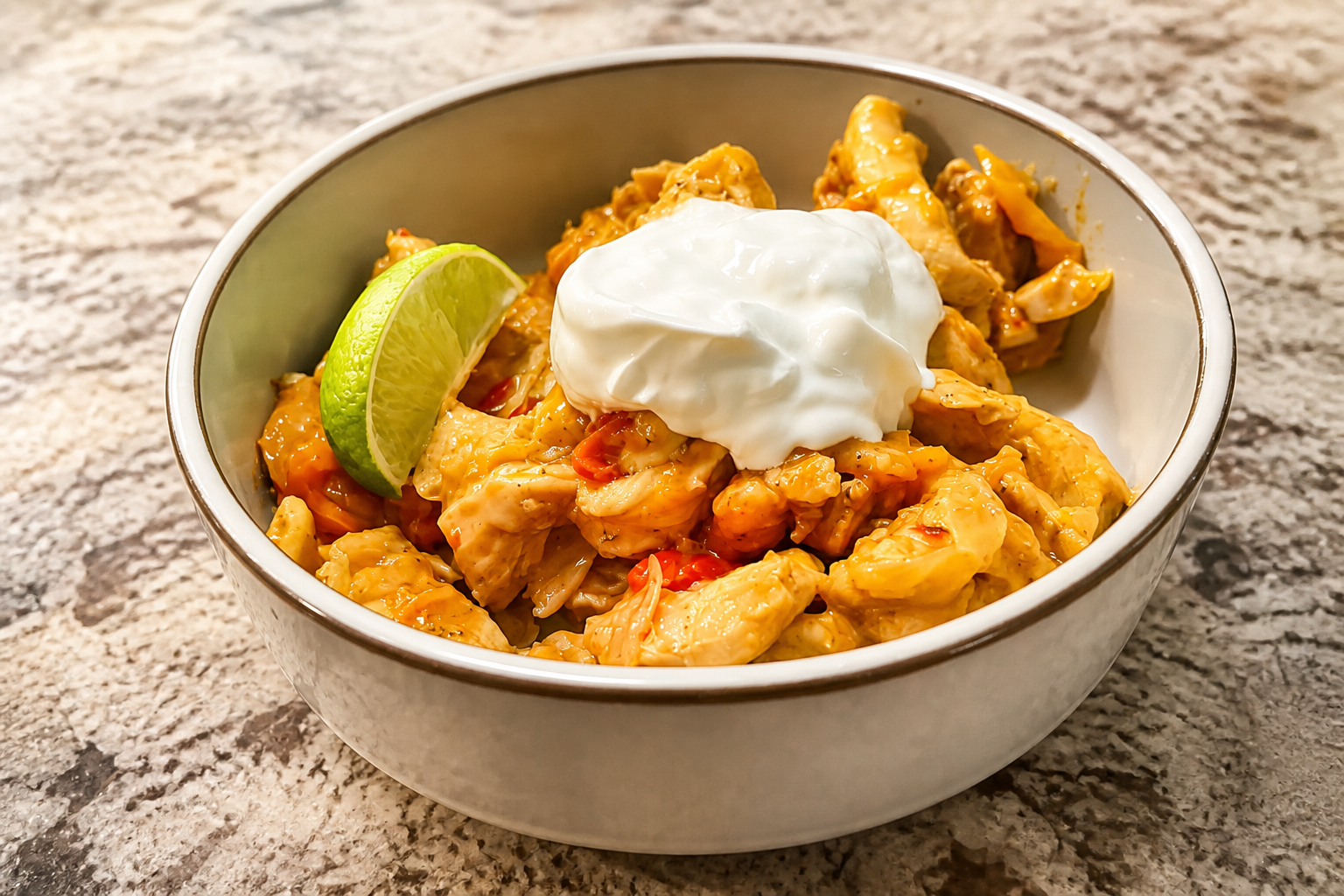 Southwest chicken skillet with bell peppers, melted cheese, sour cream, and lime.