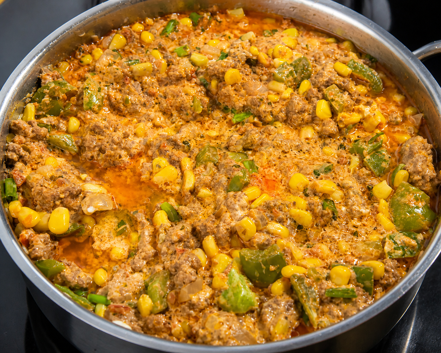 Creamy tortilla soup with ground beef, corn, and green peppers in a stainless-steel pot.